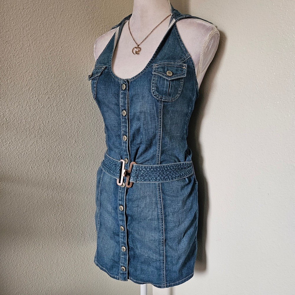 Guess Jeans Vintage Denim Halter Mini Dress Blue Medium Wash